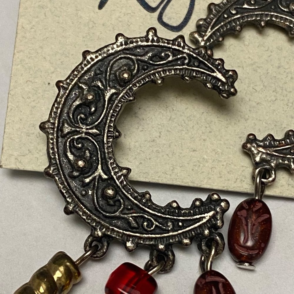 Legends Crescent Moon Shape Silver Tone Metal Pierced Post Earrings with Dangles - Picture 12 of 16